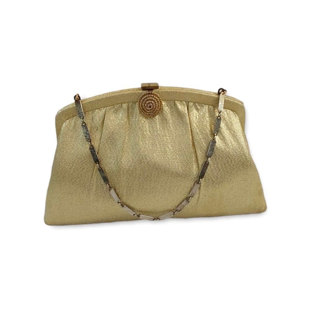 Harry Lavine Women's Gold Metalic Clutch Handbag W/ Chain Handles & Clasp Close. - Picture 2 of 14